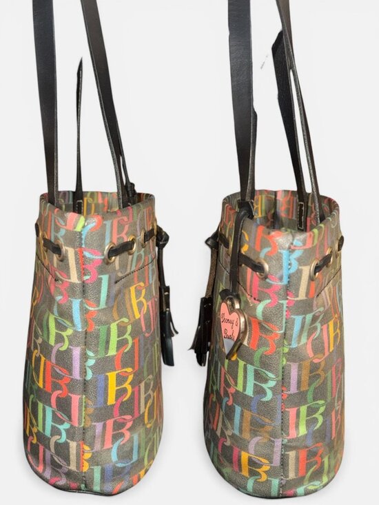 VTG Dooney & Bourke Rainbow Monogram Drawstring Tote B6877932 Black Leather 80s - Picture 5 of 9